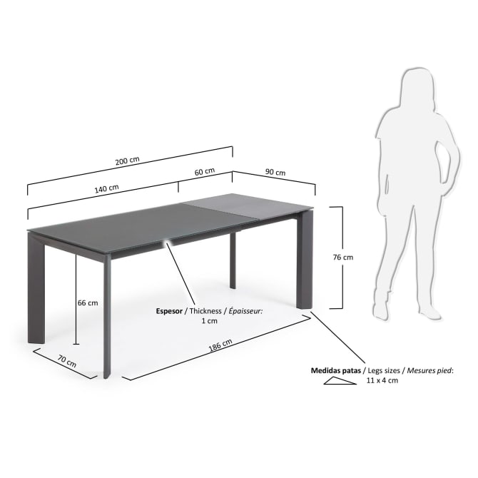 Išskleidžiamas pilko stiklo stalas Axis  140(200) x 90 x 76 cm