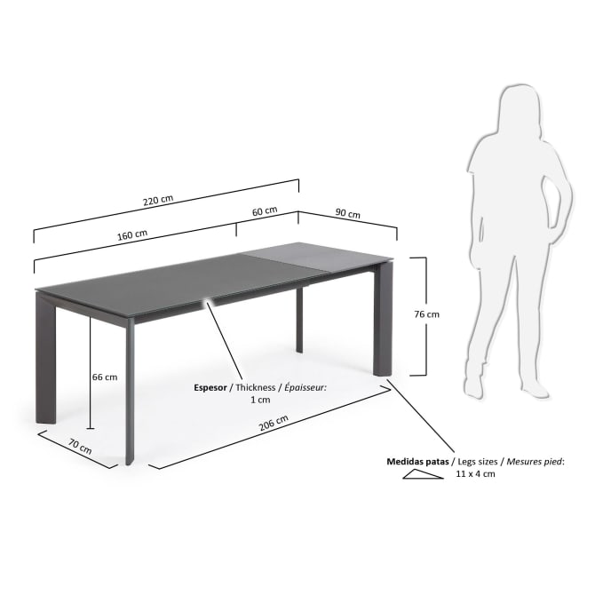 Išskleidžiamas pilko stiklo stalas Axis  160(220) x 90 x 76 cm (Copy)
